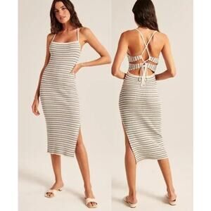 Abercrombie & Fitch Lace-Up Ribbed Midi Dress Striped Square Neck Backless Slit